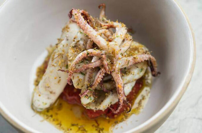 white bowl containing italian calamari dish from lilia ristorante