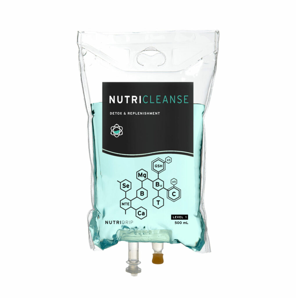 a nutri-cleanse IV drip bag filled with a light blue liquid
