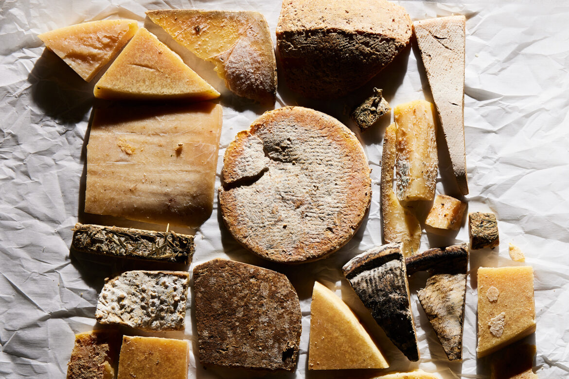 various styles of cheese arranged on a wrinkled white piece of paper