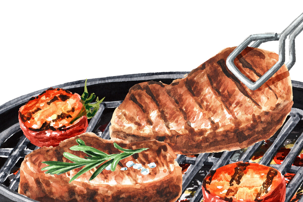 an illustration of steak and tomatoes on the grill