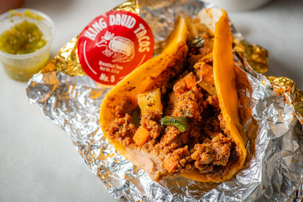 the No. 5 from King David Tacos on its aluminum wrapper