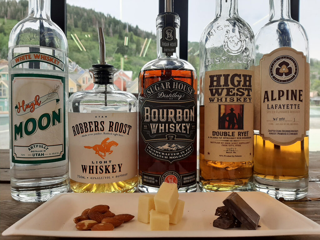 whiskey flight with nibbles for tasting with the whiskey