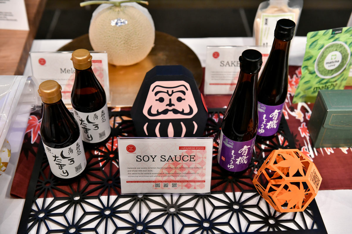 a display of japanese soy sauces