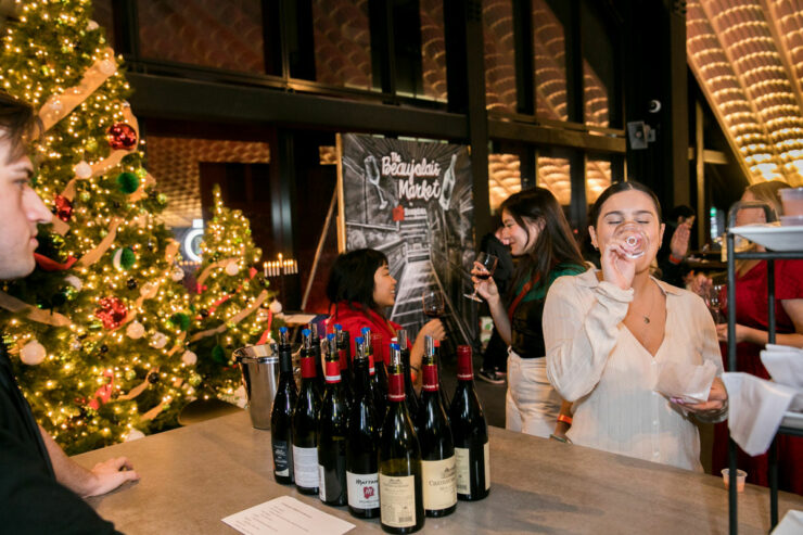 people wine tasting in a holiday setting