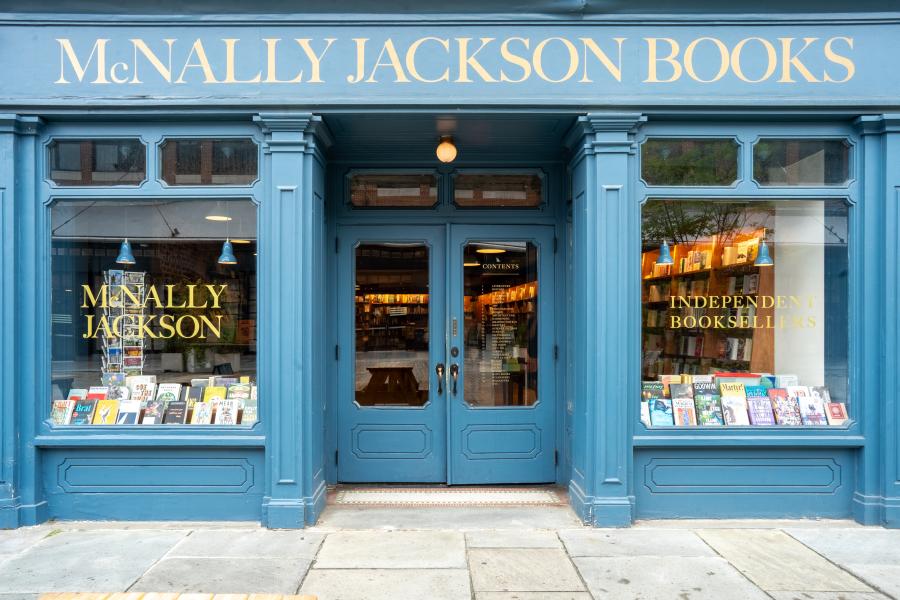 light blue bookstore storefront with lettering reading McNally Jackson Books