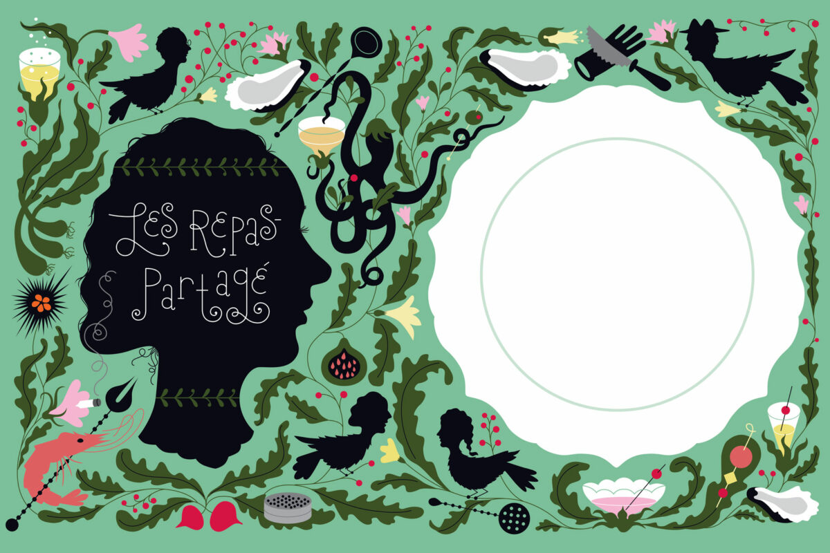 illustration of a black silhouette of woman's head facing a white dinner plate with ornate background