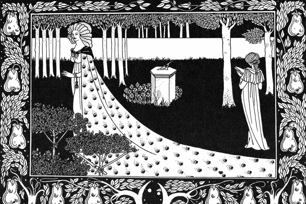 black and white illustration of woman in woods