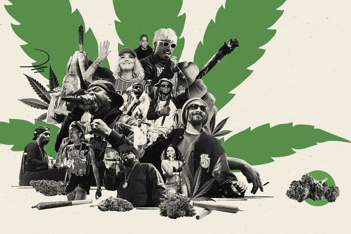A collage of hip-hop artists and cannabis illustrations