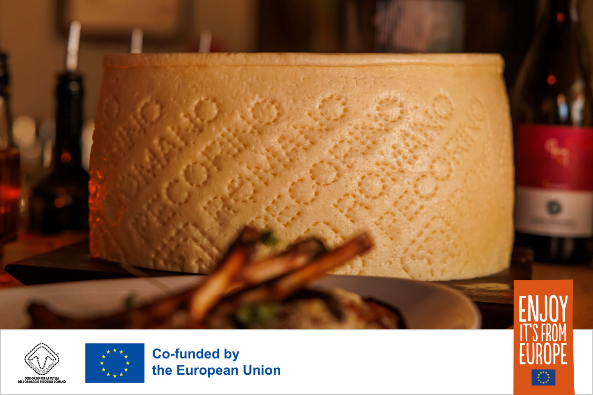 a wheel of pecorino romano pdo cheese on a restaurant dinner table