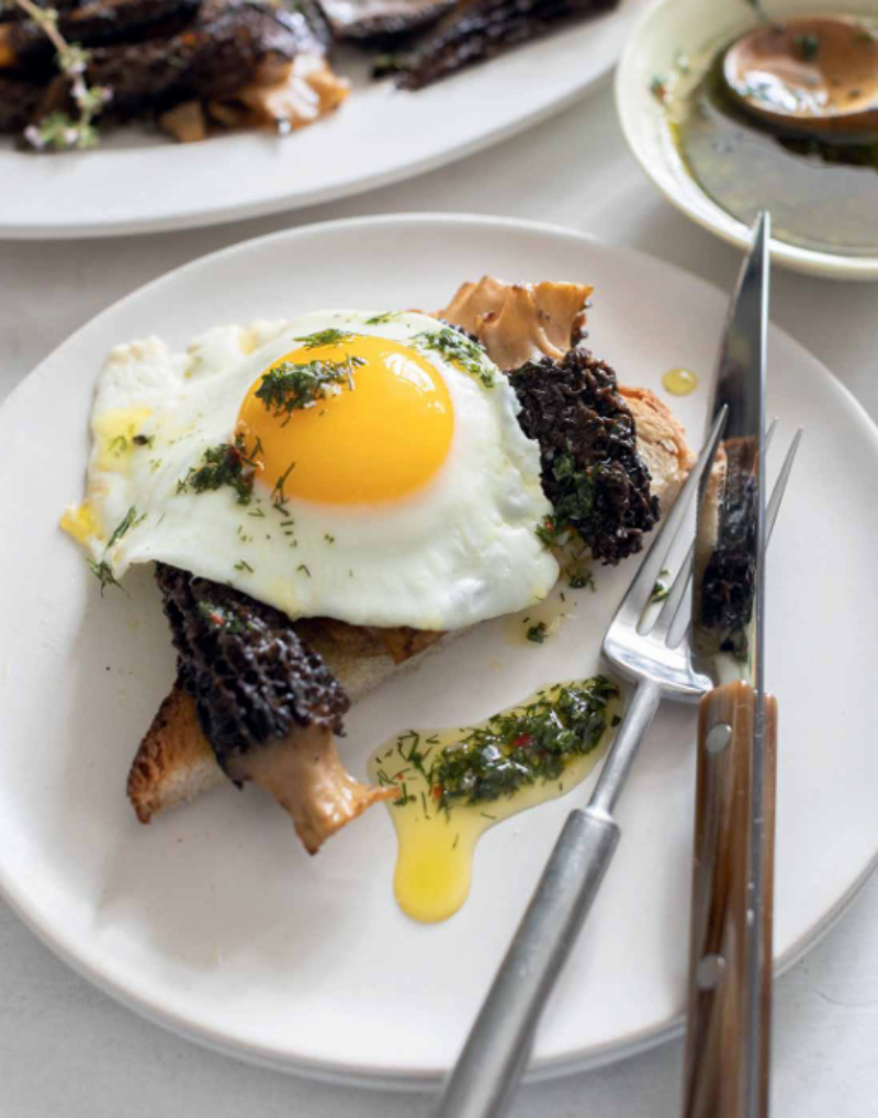 fried egg over morel mushrooms on a white plate with silverware
